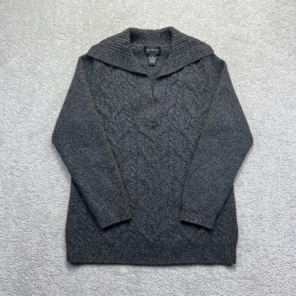 McDuff‎ Sweater Womens XL Gray 100% Cashmere Cable Knit V-Neck Shawl Collar